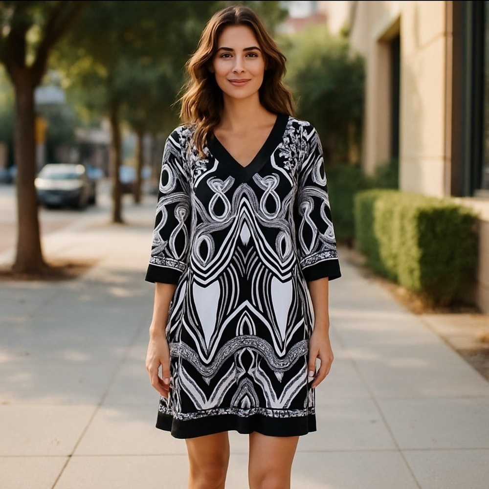 SL Fashions Monochrome Geometric Dress Sz Medium